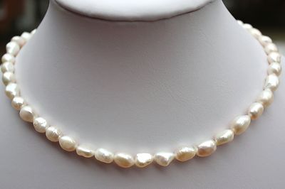 Collier Perles D'eau Douce Baroques 9-10 Mm - Blanc, Fait Main, Neuf Sans Emballage