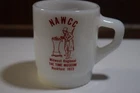VINTAGE 1973 NAWCC TIME MUSEUM FIRE KING STACKABLE COFFEE MUG MILK GLASS SIGN