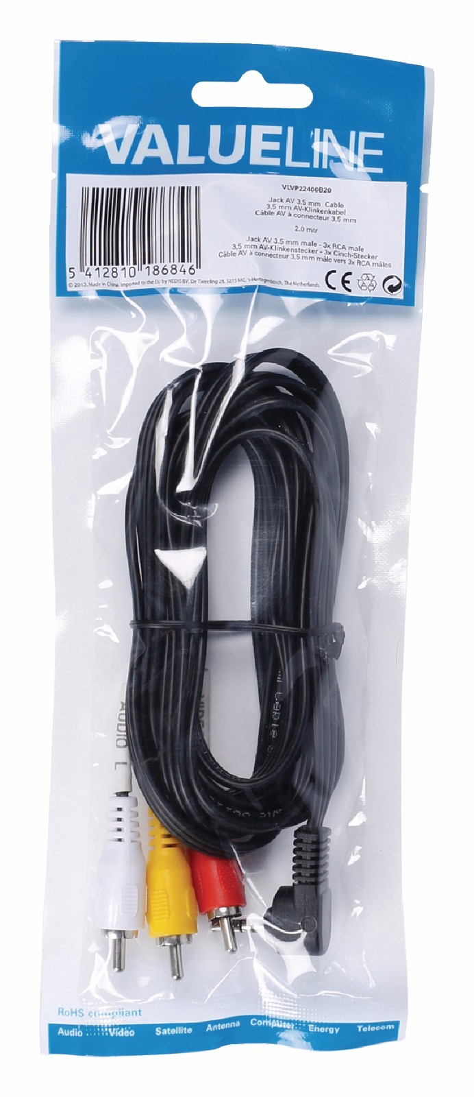 2m RIGHT ANGLE 3.5mm JACK 4 Pole to 3 x RCA PHONO Audio Video Camera to