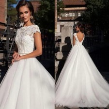 Cap Sleeves Lace Wedding Dresses O Neck Applique Backless Corset Bridal Gowns