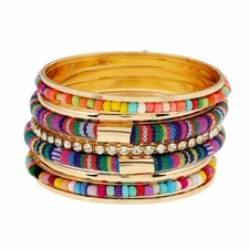 NEW Gold Tone Multicolor Fabric Beads Rhinestone Stackable Bangle Boho Bracelets