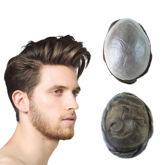 Mens Human Hair Replacement System Invisible Super Thin Skin Toupee Hairpiece