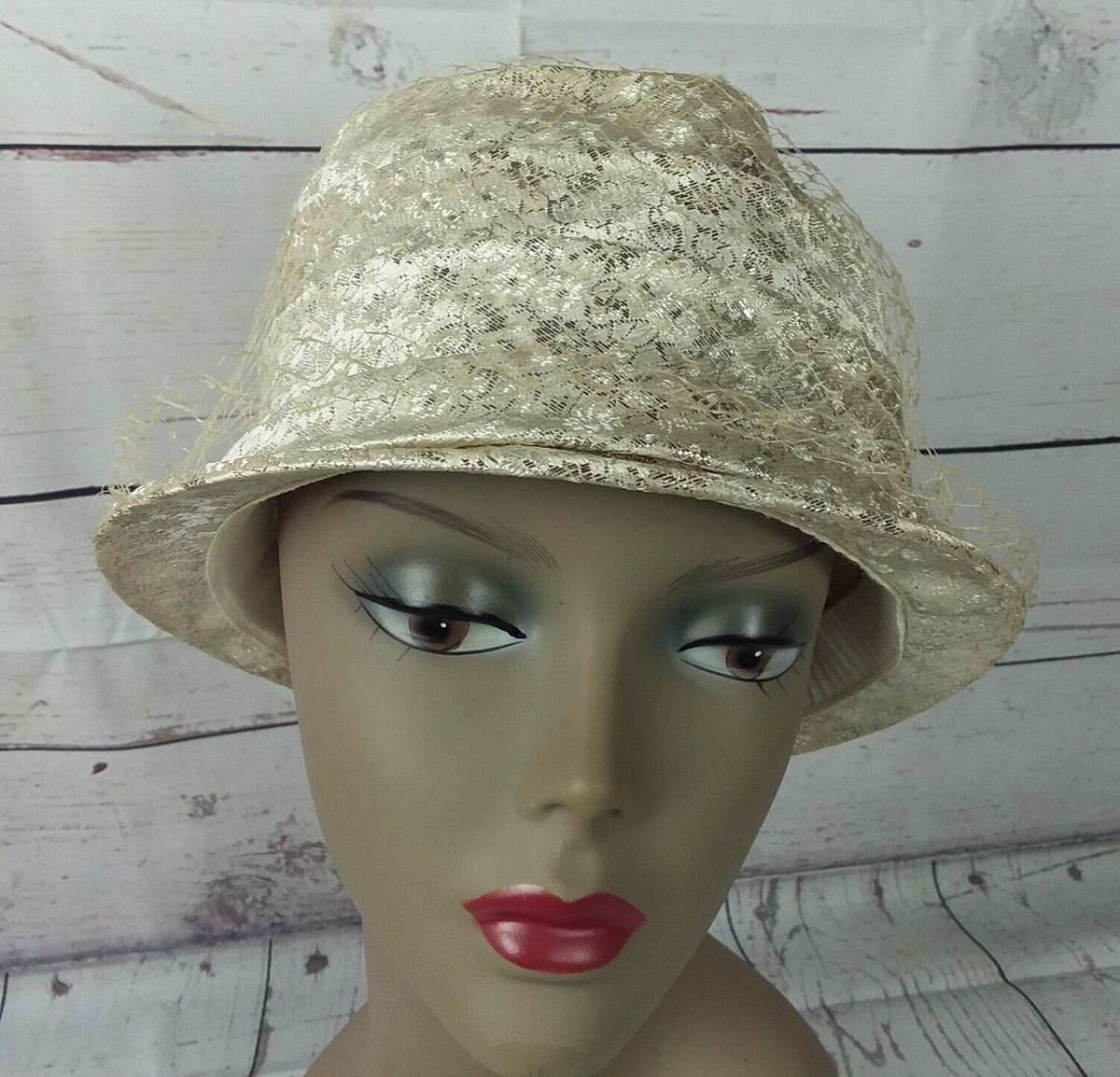 Vintage Brocade Bucket Hat Womens Cream Pleated Netting 