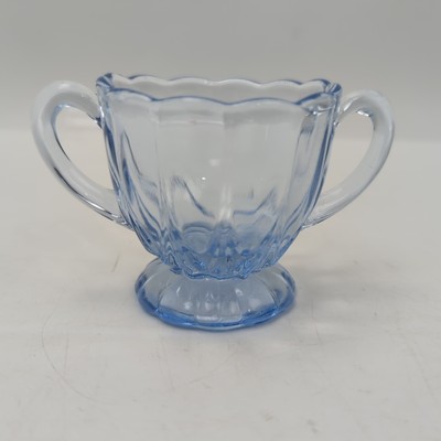 VTG Petite Blue Glass Mini Handled Open Sugar Bowl New Martinsville Janice Blue