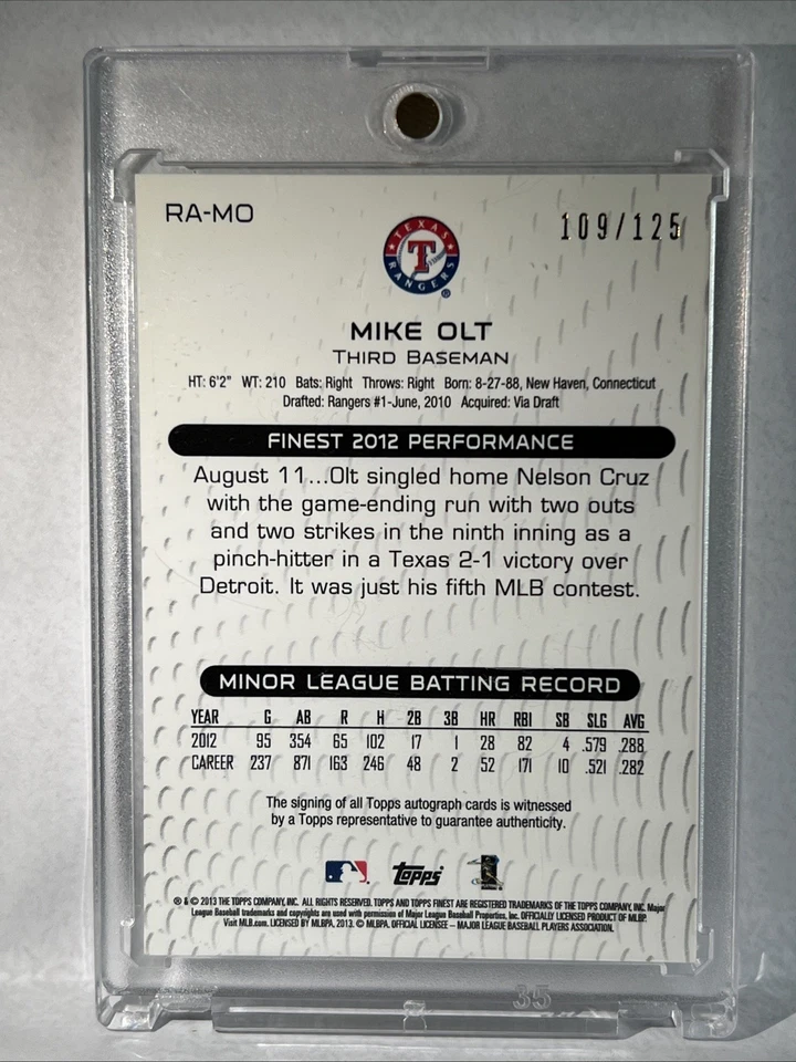 Topps Finest 2013 - Mike Olt autógrafo radiocontrol refractor automático Rangers #RA-MO/125 Foto 2 de 2