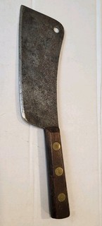 Antique Meat Cleaver Carbon Steel Brass Studded Handle 12". Estate Find. NR