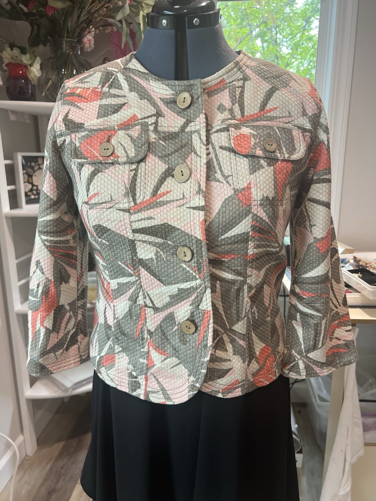 Ruby Rd. Women's Floral Pattern Button Blazer Stretch 3/4 Sleeve Size 8