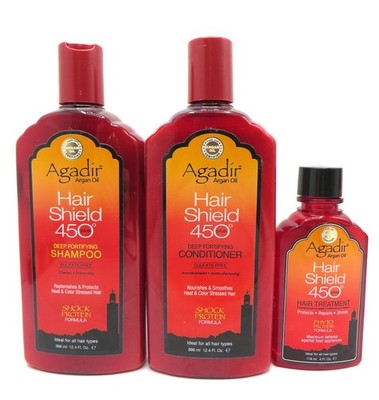AGADIR ARGAN OIL HAIR SHIELD 450 PLUS SHAMPOO/ CONDITIONER 12OZ / TREATMENT 4OZ