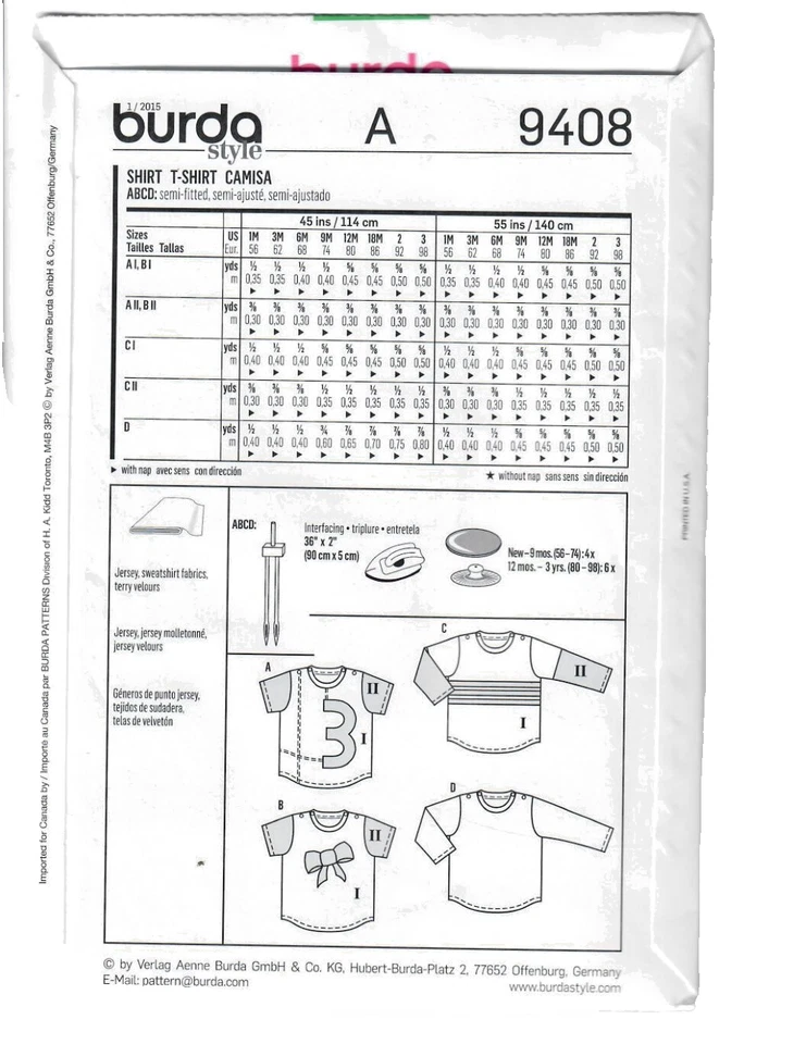 Burda Kids 9408 Sewing Pattern Shirt T-Shirt 2/Seam/Hem Allowance 1M-18M 3 Looks - Image 2 of 4