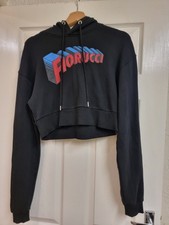 Fiorucci Black Crop Hoodie Blue Red Logo Size M Boxy Oversized