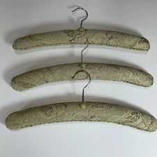 Set Of 3 Padded Clothes Hangers With A Gold Brocade Pattern And Metal Hooks VTG