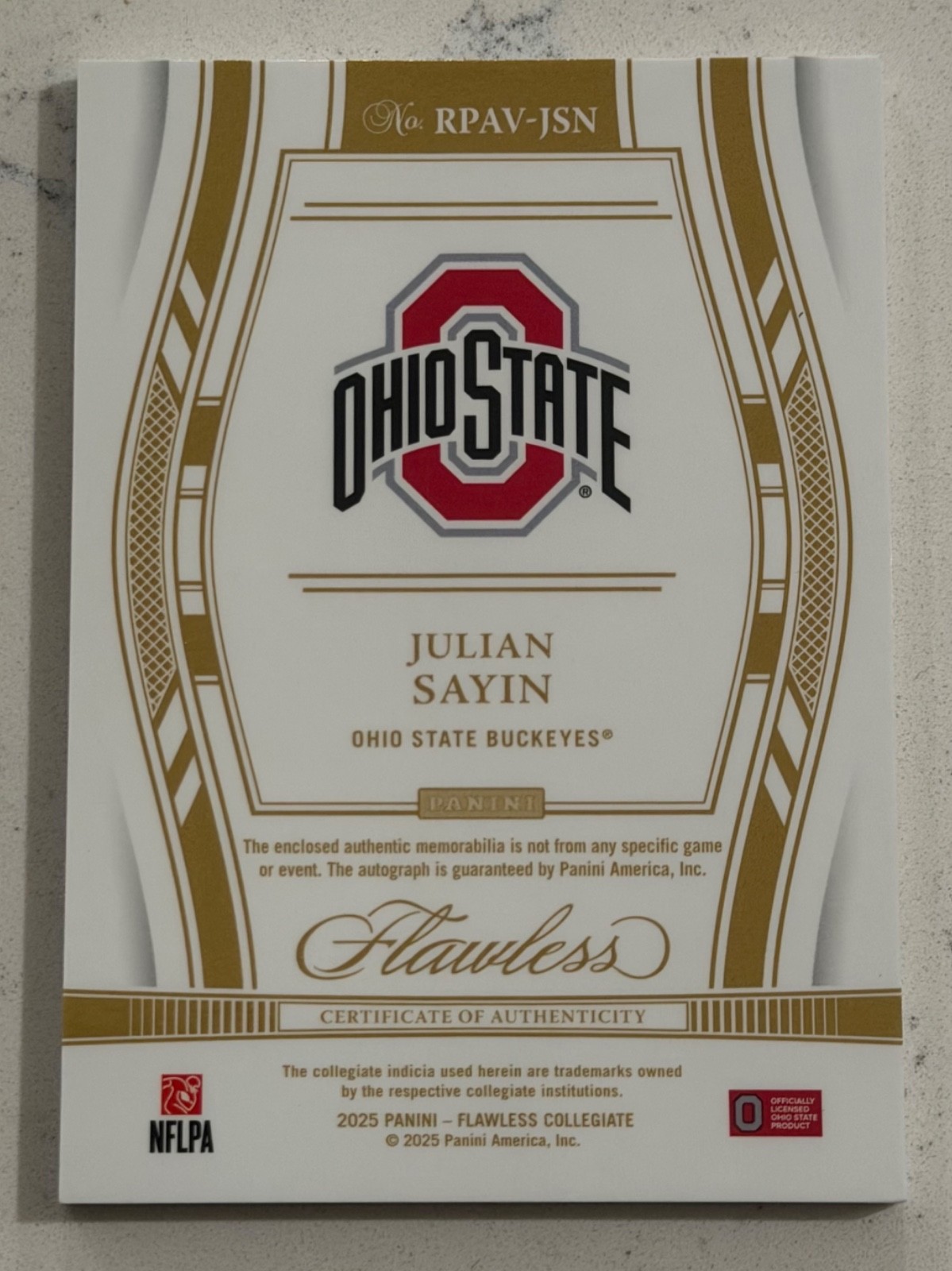 2025 Panini Julian Sayin Flawless BIG-10 Logo RPA Rookie Patch Auto 1/1 OSU QB! view 3