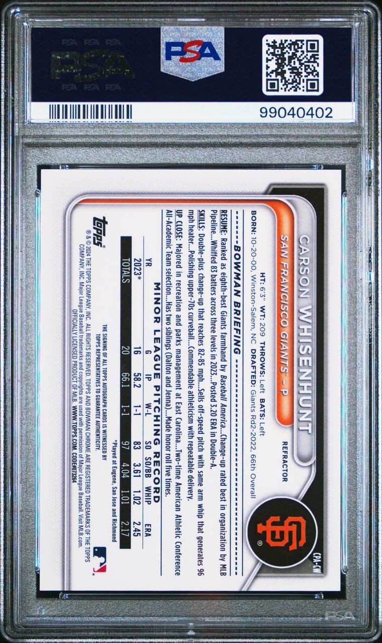 2024 Bowman CARSON WHISENHUNT Chrome Prospect Autograph Refractor /499 PSA 10 view 2