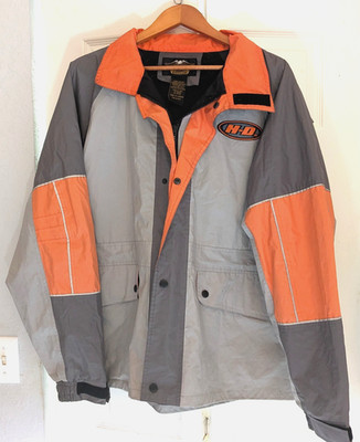 Vintage Harley Davidson Rain Gear Hooded Windbreaker Jacket Orange & Gray Men XL