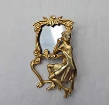 Vintage Lady in the Mirror Make up Vanity 80's Gold Tone Brooch AJC