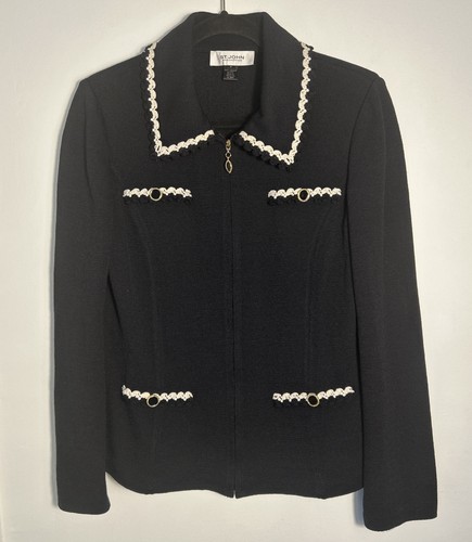 St. John Collection Jacket Blazer Santana Knit Black Zip Up Open Front 8