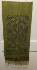 Patrick Francis 100%  Wool Scarf Olive Green Two Tone Celtic Design Fringe 72 In