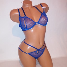 Victoria Secret Bra Set Bra & Panty Low Cut Demi Blue Mesh Strappy Very Sexy New