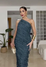 ZARA NWT $99 WOMAN SS25  FRINGE MIDI DRESS DUCK GREEN 8741/066