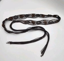 Boho Dark Brown Macrame Tie Belt with Brown Wooden Beads Multi Strand Fringe