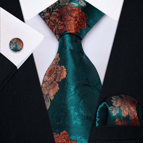 ITALIAN DESIGNER Floral Silk TIE, POCKET SQUARE, CUFFLINK SET - Picture 16 of 30