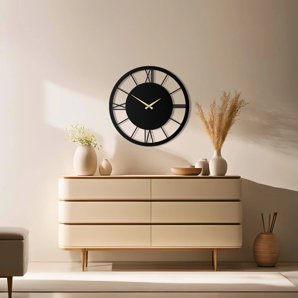 Reloj de metal con número romano negro, reloj de pared redondo, reloj silencioso sin tictac Foto 4 de 4