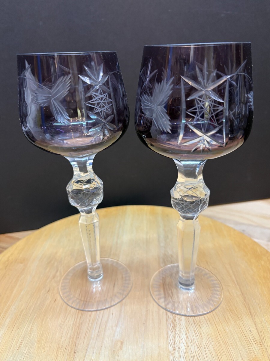2 Bohemian Amethyst Cut to Clear Crystal Wine Glasses / Goblets - 8.5" Tall