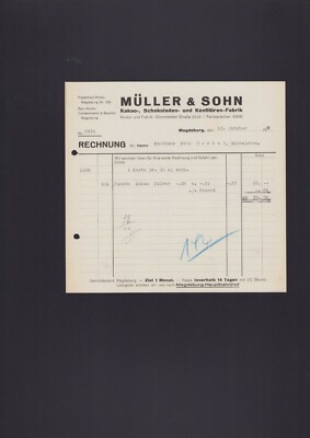 MAGDEBURG, Rechnung 1933, Müller & Sohn Kakao-Schokoladen-Konfitüren-Fabrik