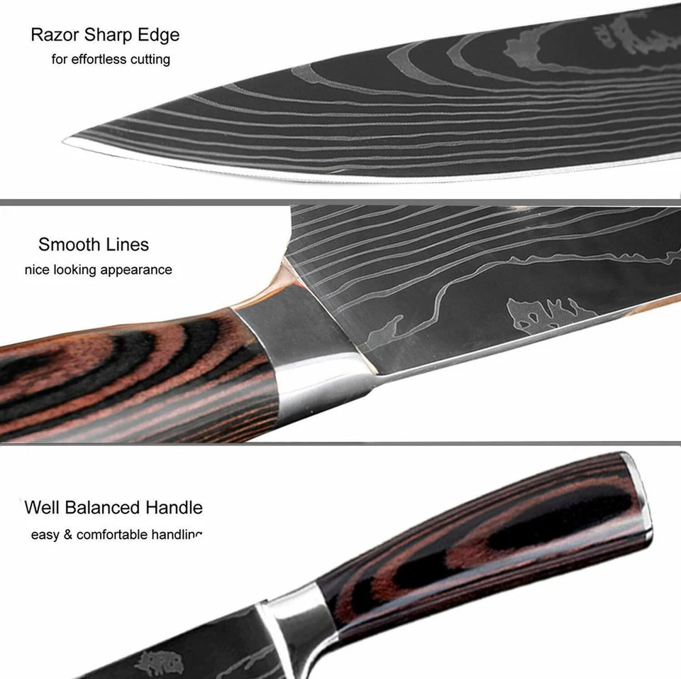 8Pcs Kitchen Chef's Knife Set Damascus Pattern Stainless Steel Knife Value Set - Image 4 of 4