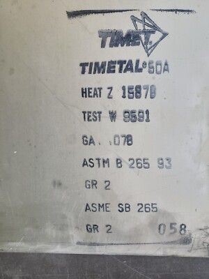 Grade 2 Titanium Sheet CP, 50A, 24'' x 48'' x .078'', 5/64'' ASME SB 265, Ti