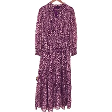 MSK Women LongSleeve Tiered Maxi Dress Smocked Sz L Purple Floral Boho Gypsy