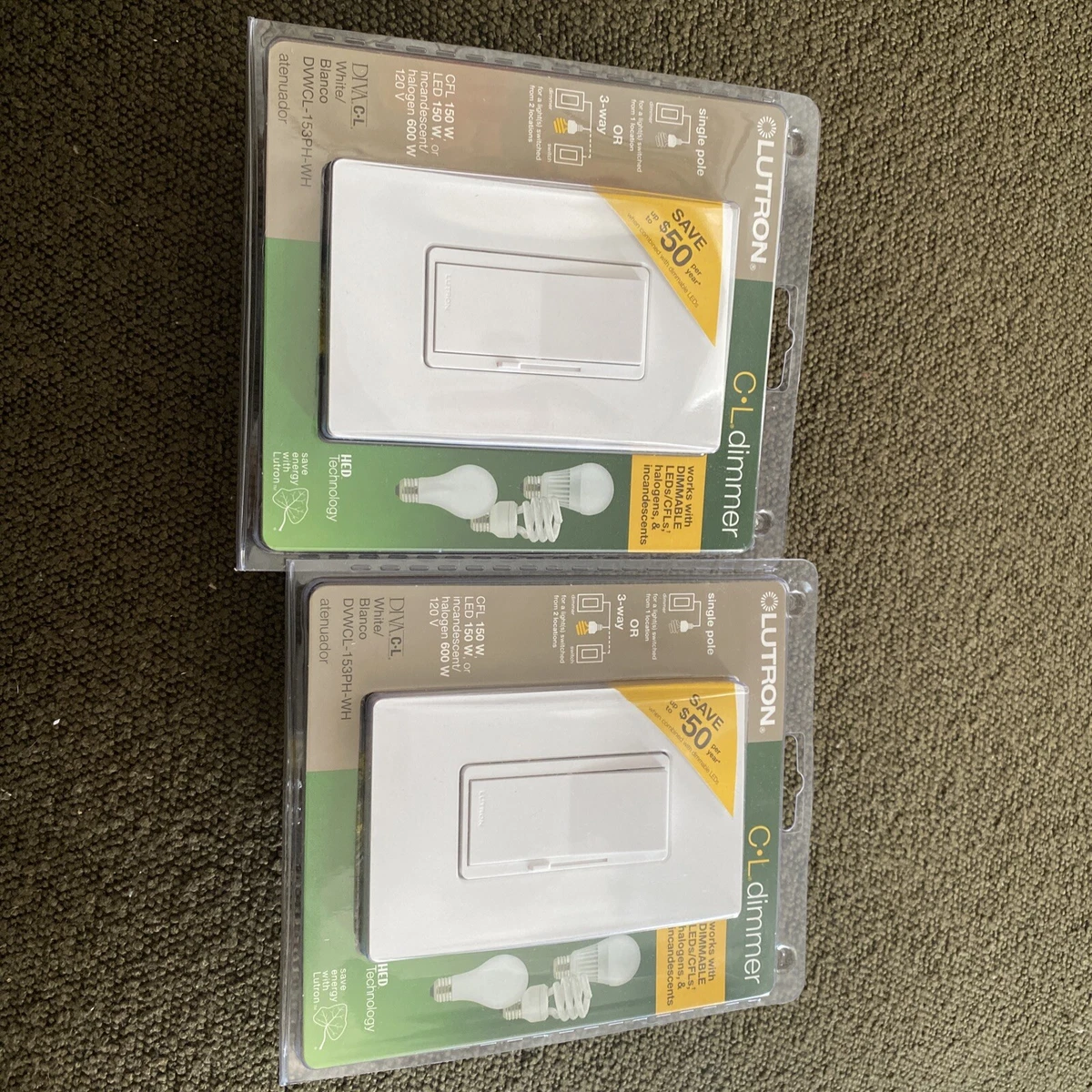 Lutron Diva LED Dimmer Switch for Dimmable LED DVWCL 153PH WH New Lot Of Two