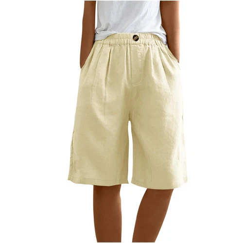 Pantalones cortos para mujer color liso bolsillo abotonado capris cintura elástica sueltos - Imagen 4 de 66