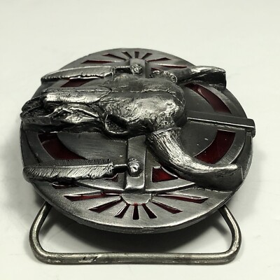VTG 1986 Cow Skull Feathers Siskiyou Belt Buckle Hand  display picture 3