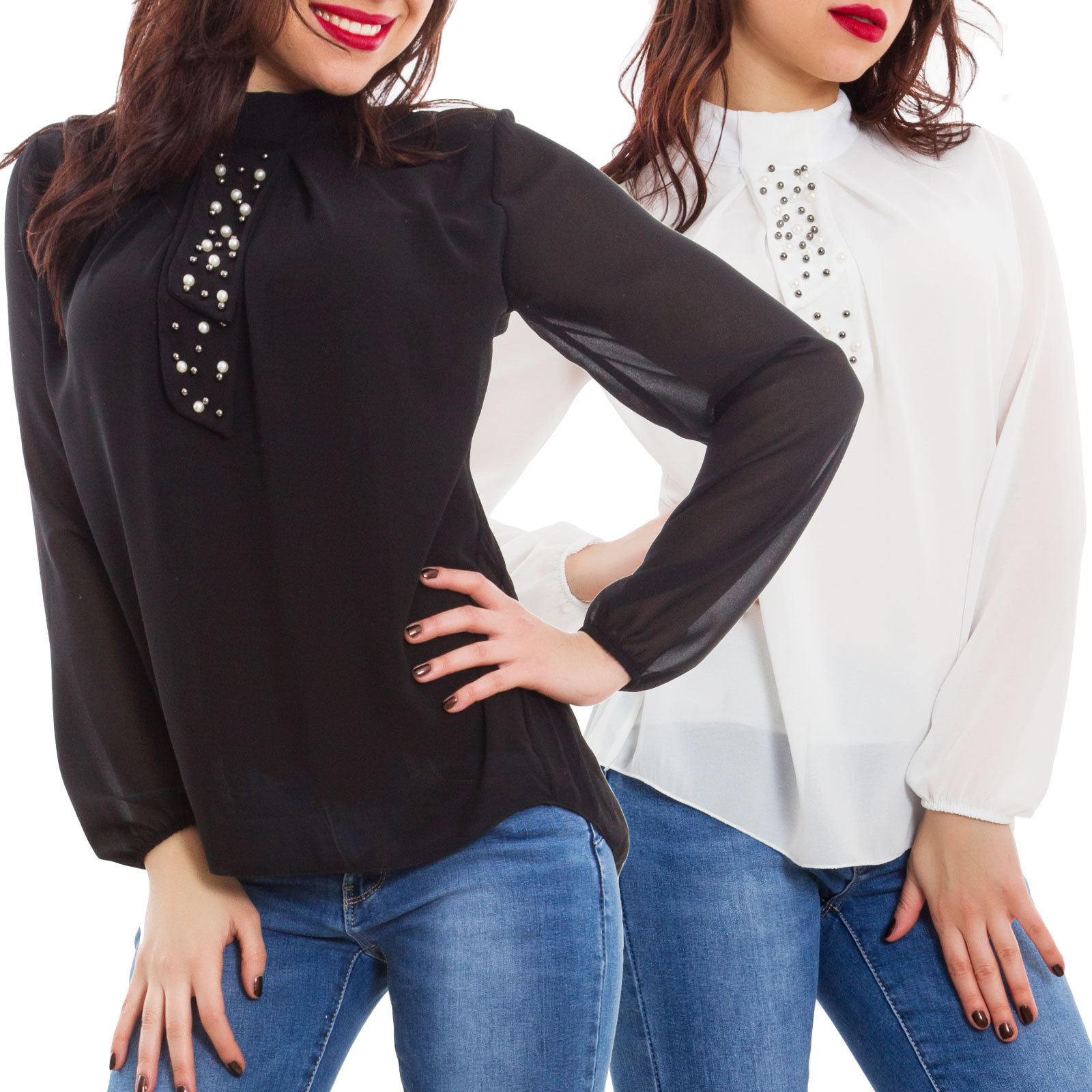 Mujer Chifón Perlas Elegante Camisa Cuello Corbata Suéter Nueva AS-5863 eBay