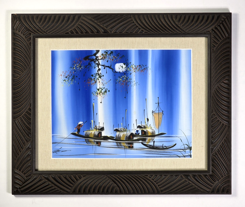 Matted & Framed Original Vietnamese Painting on Silk ~ Sampan Fishing Boats - Picture 2 of 14