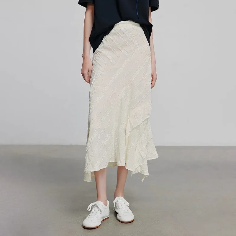 Irregular Ruffle White Fishtail Skirt Women Spring Summer High Waisted A-Line Ca