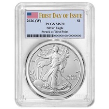 Presale - 2026 (W) $1 American Silver Eagle PCGS MS70 FDOI Flag Label