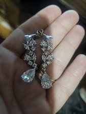Wedding Earrings Sterling Silver Post Teardrop Cubic Zirconia Long Dangles