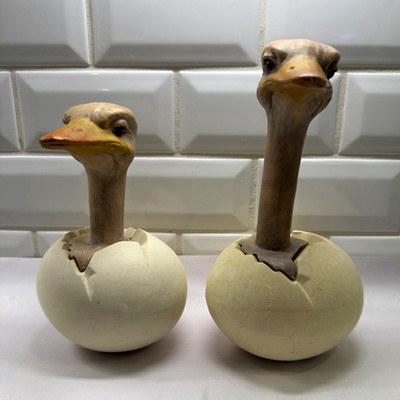 Vintage 1970s Hatching Ostrich Egg Coin Banks Chalkware Ceramic Pair 2pc Set