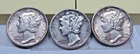 3 Mercury Dimes  1941 XF+,  1941-D Fine,  1941-S AU