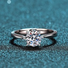 Real 925 Sterling Silver 1CT D Color VVS1 Moissanite Solitaire Wedding Band Ring