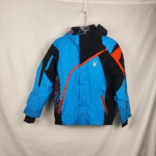 Spyder Jacket Youth 12 Blue Colorblock Hooded Ski Snow Insulated Zip Pockets