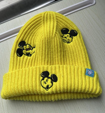 Disney Mickey Mouse Yellow Black Knit Beanie Hat Embroidered Faces Adult