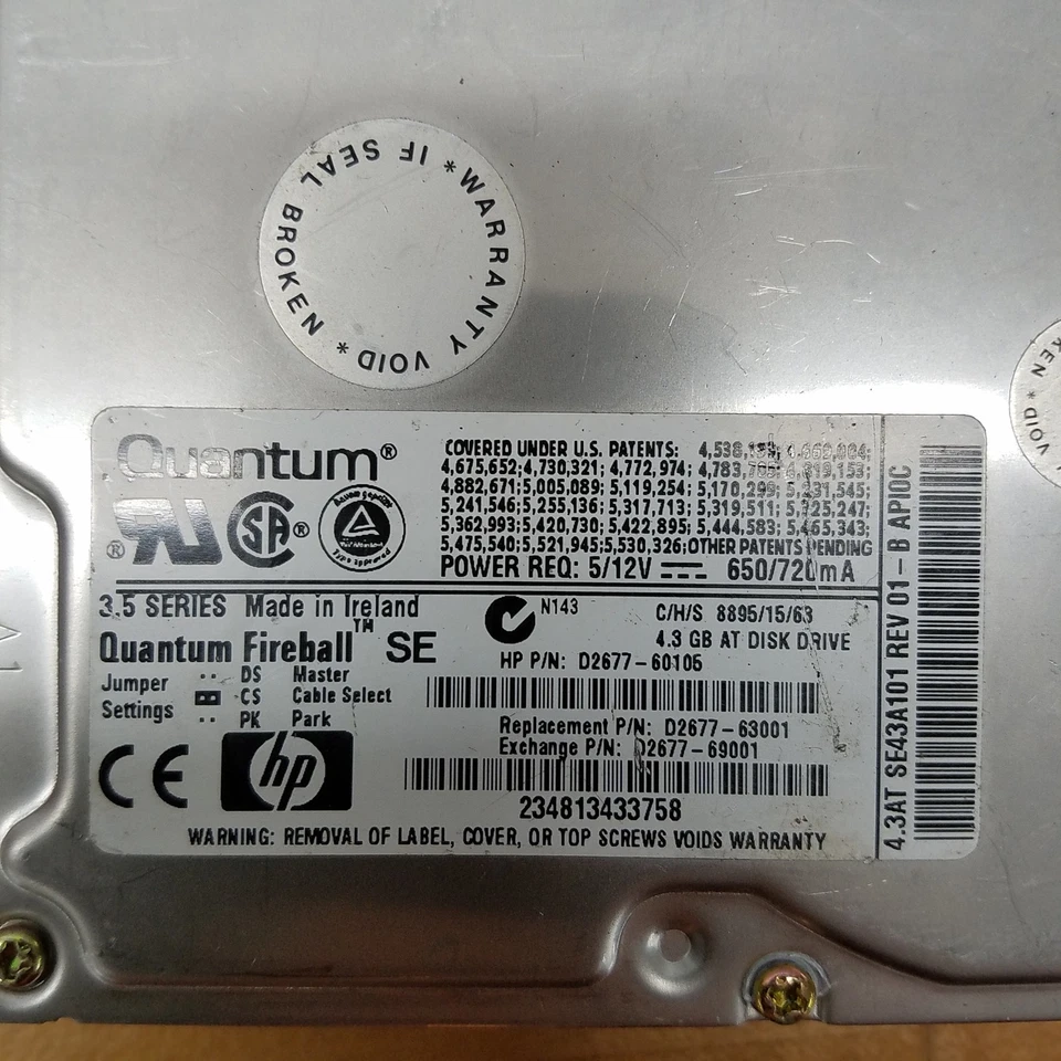 Quantum 4.3AT SE43A101 HP D2677-60105 Hard Drive, 5/12VDC 650/720mA - USED - Image 2 of 4