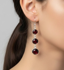 925 Solid Sterling Silver Red Garnet Long Hook Earring - 1.7 Inch