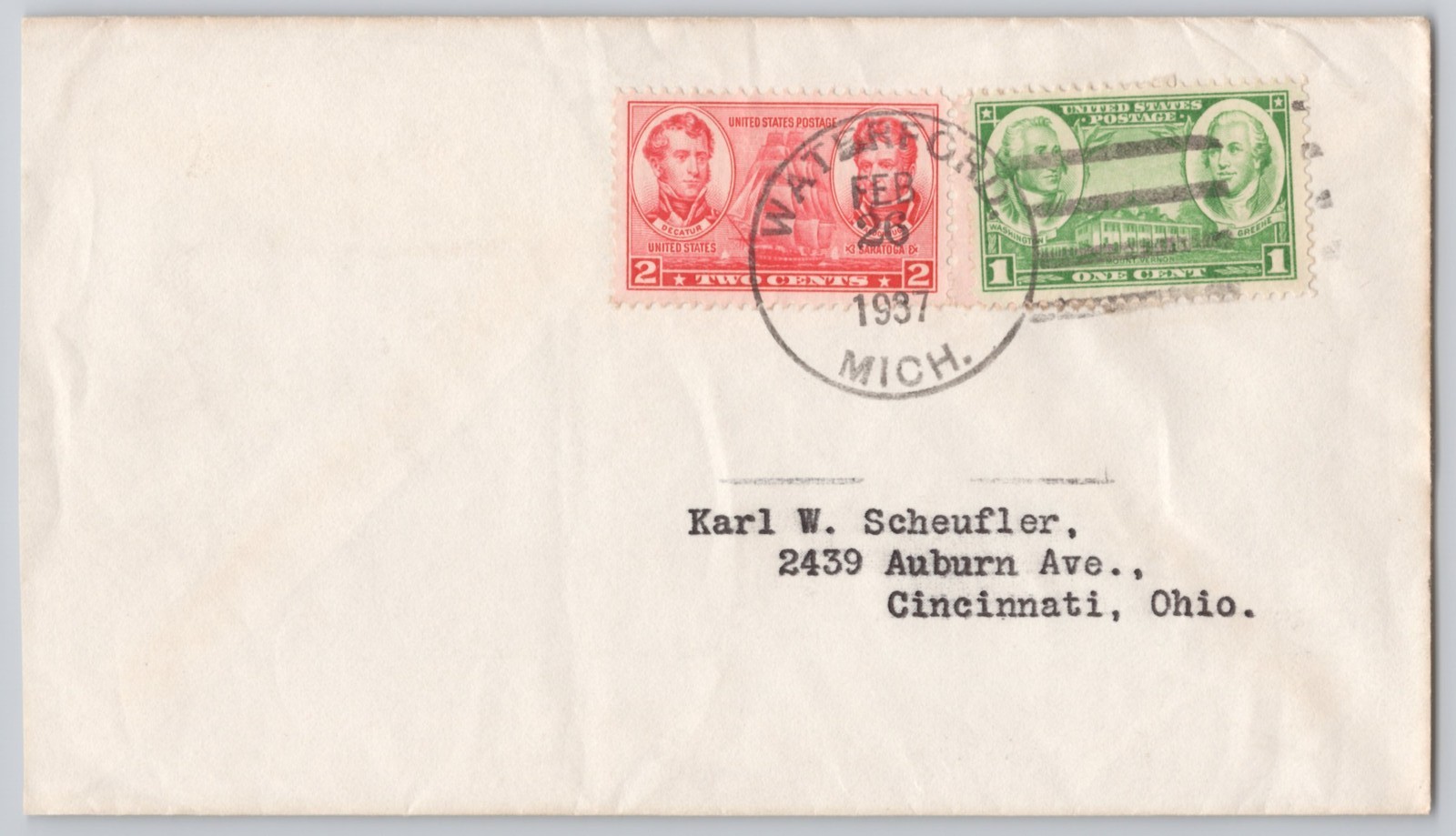 Cincinnati, Ohio, Addressed Cover with 1c & 2c Stamps, Cancel 1931
