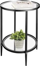 2 Tier round Side Table, Black End Table with Glass Top, Modern Metal Clear Coff