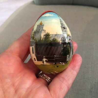 1990 Russian Solid Wood Hand Painted Easter Egg GORGEOUS!