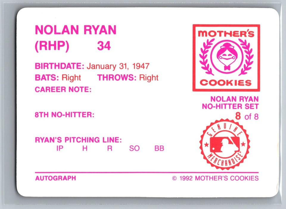 Nolan Ryan 1992 Mother's Cookies 7 NoHitters 8 Baseball Card
